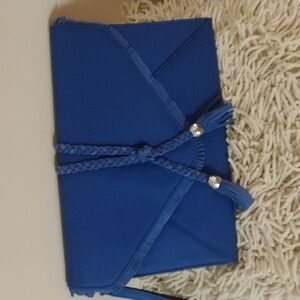 White House Black Market Blue Linen Tassel Clutch